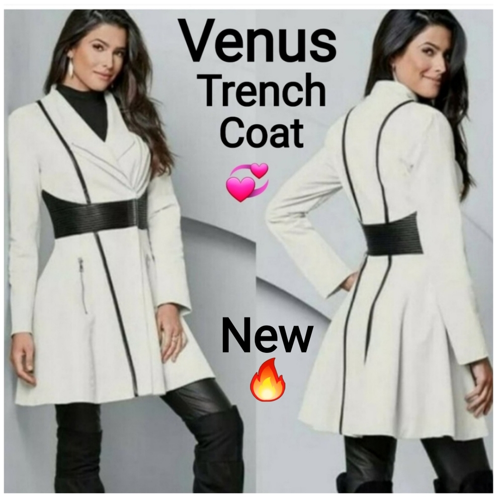 VENUS Black and White Trench Coats with Belted Waist and Classic Design
